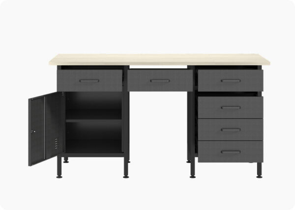 Modern black storage cabinet with open and closed compartments for versatile storage.