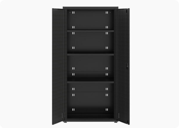 Black storage cabinet with open doors and multiple shelves for organisation.