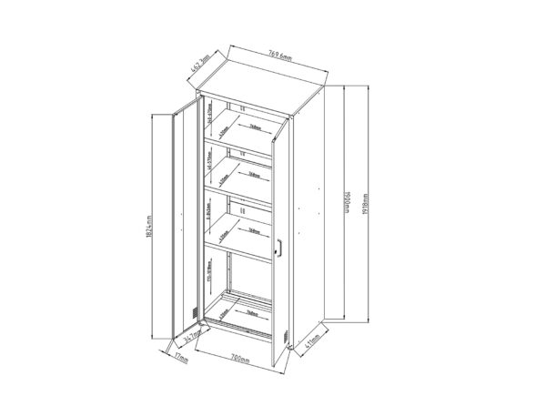 Garage cabinet design with multiple shelves and a door for storage.