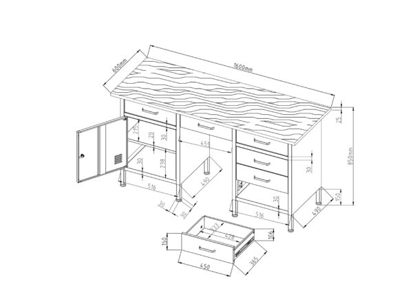 Garage cabinet design with detailed measurements and storage compartments.