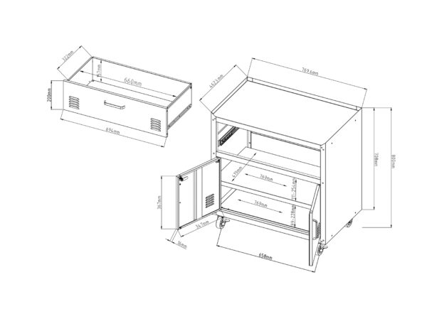 Garage cabinet design with detailed measurements for storage solutions.