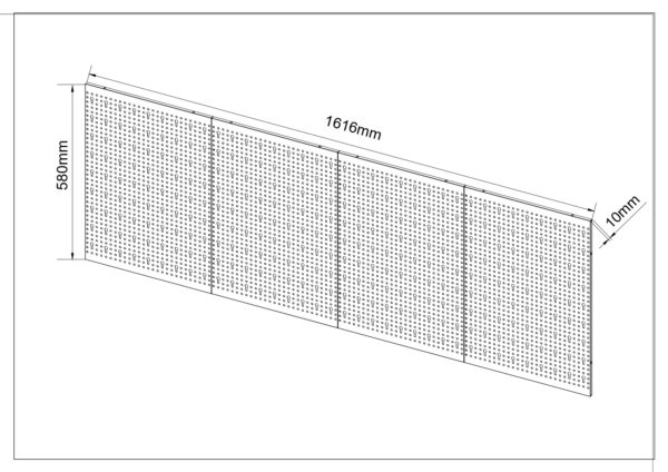 Garage cabinet with perforated metal panels, 1616mm long, 580mm high, 10mm thick.